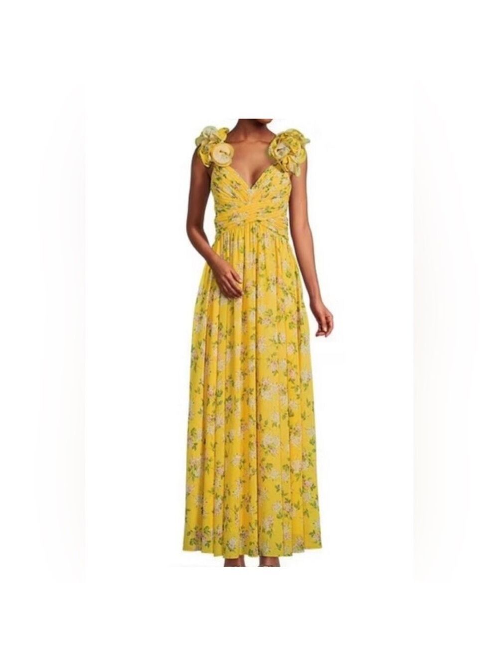 ANTONIO MELANI Yellow Floral Maxi Dress with Rosette Shoulders - Picture 1 of 8
